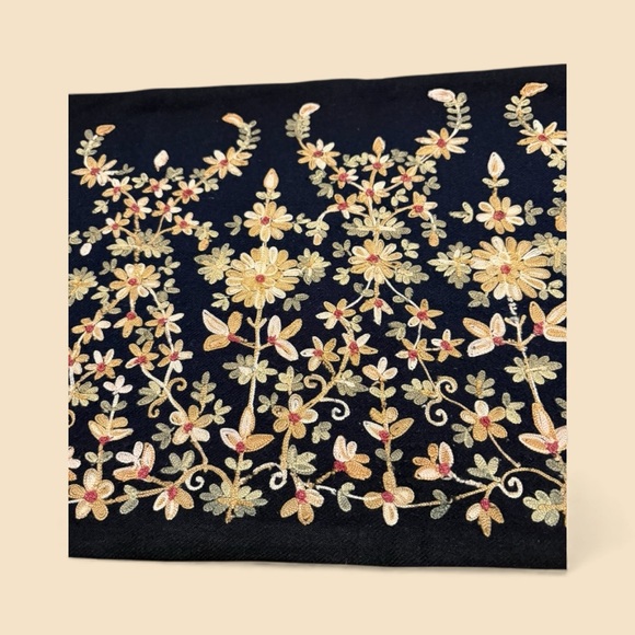 Wool Floral Embroidered Lumbar Pillow Cover With Solid Black Reverse - Picture 4 of 7